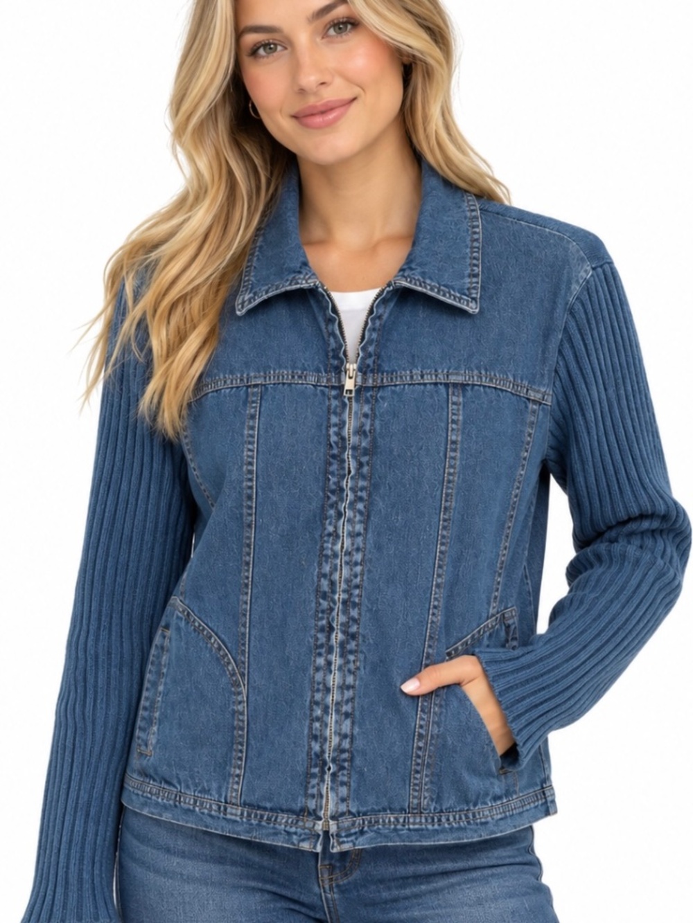 Coldwater Creek jean jacket with ribbed knit back and sleeves.